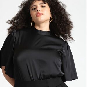 NWT ELOQUII Black Flutter Sleeve Satin Blouse, Size 16